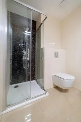a bathroom with a glass shower and a toilet at Historic Cozy Apartment with National Museum View in Prague