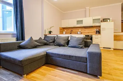 a couch in a living room with a kitchen at Riverside Ruterra Apartment in Prague