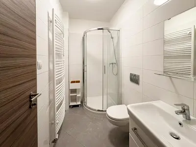 a bathroom with a shower and a toilet and a sink at UrbanFlat1615 with Parking in Prague