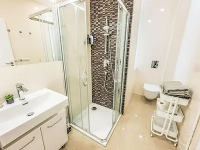 a bathroom with a shower and a sink and a toilet at Apartment Washington-3 by Interhome in Prague