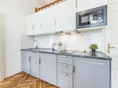 a kitchen with white cabinets and a microwave at Apartment Nekazanka by Interhome in Prague