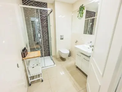 a bathroom with a shower and a toilet and a sink at Apartment Washington-1 by Interhome in Prague