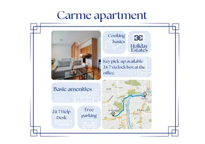 a diagram of a living room with a map at Carme Apartment with Parking in Prague