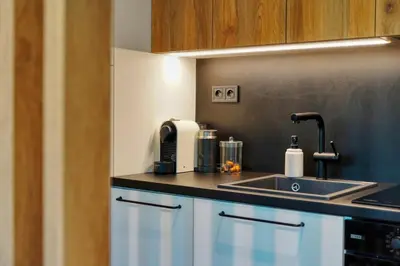 a kitchen with a sink and a counter top at Carme Apartment with Parking in Prague