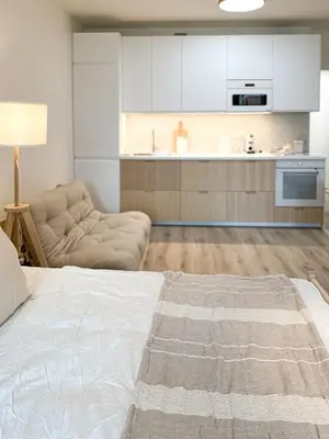 a living room with a bed and a kitchen at Jack apartman , 02 Arena ,PVA Expo, Free parking in Prague