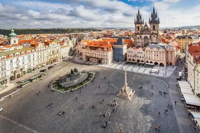 an aerial view of a city with buildings and a cathedral at Sweet Spot for 6 in Trendy Area! Family friendly! in Prague