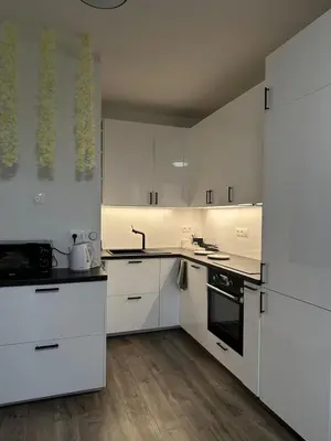 a white kitchen with white cabinets and a sink at Cozy Modern Apartment, 20 mins to Center in Prague