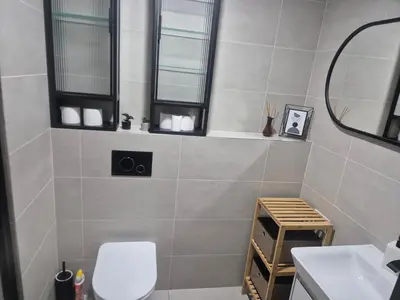 a bathroom with a toilet and a sink and a mirror at Vilda's Nest by Renka & Tom in Prague