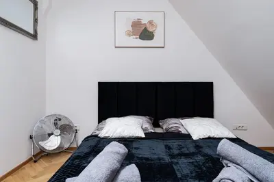 a bedroom with a bed with a black headboard and a fan at Blue Sky Residence in Prague