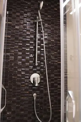 a shower in a bathroom with a black tile wall at Stylish Stay at the Heart of Prague! in Prague