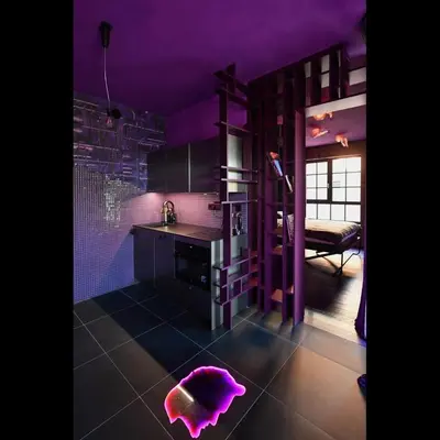 a kitchen with purple walls and a purple ceiling at Apartman made by David Černý in Prague