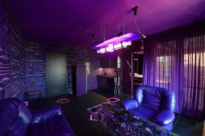 a purple room with two chairs and a couch at Apartman made by David Černý in Prague