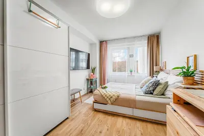 a bedroom with a bed and a window at Stylish Studio in Smichov, Private parking, Free Gym in Prague