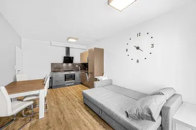 a living room with a couch and a table and a clock at New cozy apartment, Free Parking! in Prague