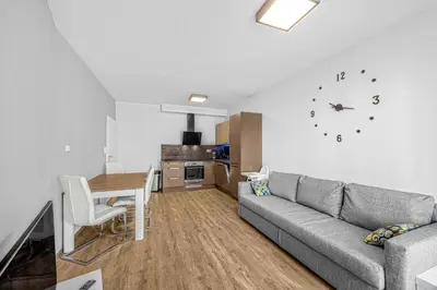 a living room with a couch and a clock on the wall at New cozy apartment, Free Parking! in Prague