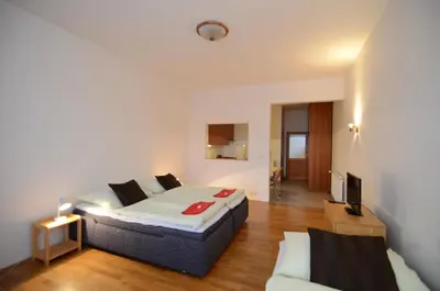 a bedroom with a large bed and a couch at Apartments Karlin in Prague