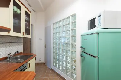 a kitchen with a blue refrigerator and a sink at Cozy Jungle Apartment in Prague