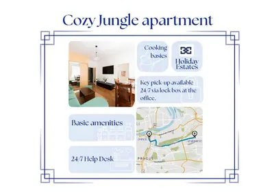 a diagram of a living room with a map at Cozy Jungle Apartment in Prague