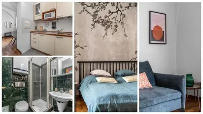 a collage of four pictures of a kitchen and a bedroom at Cozy apartment in the Old town in Prague