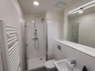 a bathroom with a shower and a toilet and a sink at Glamour & Prague in Prague