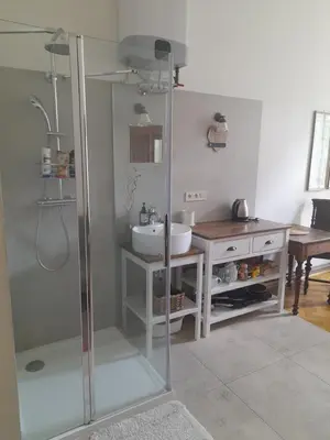 a bathroom with a shower and a sink at Newly Refurbished Self-contained Cosy Room in Prague