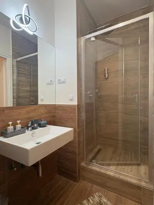 a bathroom with a sink and a shower at Riverside apartment in Prague