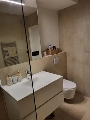 a bathroom with a white sink and a toilet at Beautiful Duplex 20 min from center in Prague