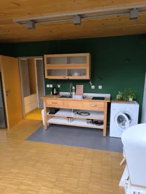 a room with a wooden desk and a washing machine at Loft Palmovka in Prague