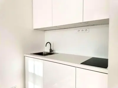 a white kitchen with a sink and white cabinets at Awesome Apartment Charles Bridge in Prague