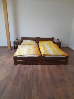 two twin beds in a room with wooden floors at Krčma na statku in Zásmuky