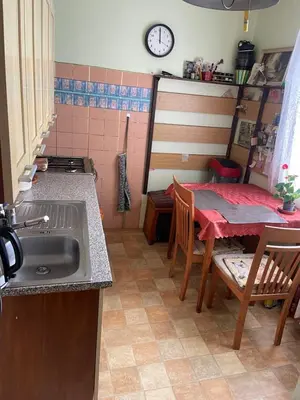 a kitchen with a sink and a table with chairs at HANDY FLAT WITH SAUNA and TUBE-UBahn in Prague