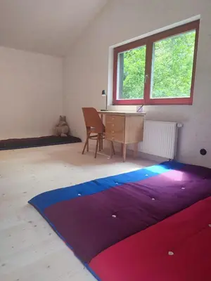 a room with a desk and a large rug at Romantic cottage Slapy - Renovated