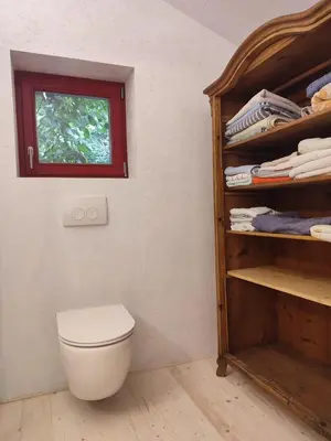 a bathroom with a toilet and a shelf with towels at Romantic cottage Slapy - Renovated