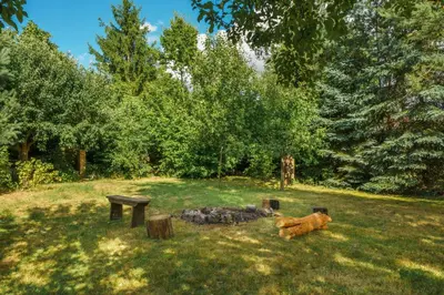 a dog laying in the grass next to a fire pit at Strom času