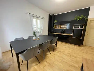 a dining room with a black table and chairs at Living in Prague 1 in Prague