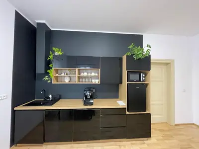 a kitchen with black walls and a counter with a sink at Living in Prague 1 in Prague