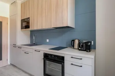 a kitchen with white cabinets and a stove top oven at Blueground Nusle view nr Vyšehrad PRG-70 in Prague