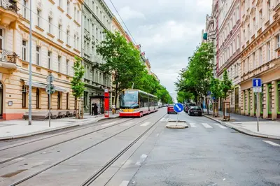 a bus driving down a city street with buildings at Blueground Vinohrady balcony nr Riegrovy Sady PRG-78 in Prague
