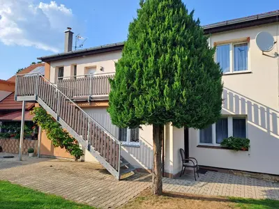 a staircase on the side of a house with a tree at H apartment in Jankov