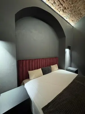 a bedroom with a large bed with a red headboard at SPA SPA Karlín in Prague