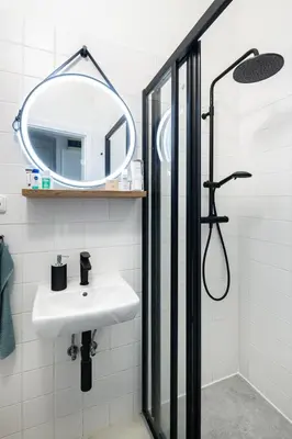 a bathroom with a sink and a mirror at Prague Jungle Studio in Prague