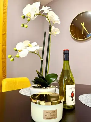 a bottle of wine and a plant on a table at Garden Residence Terrace Apartment in Prague