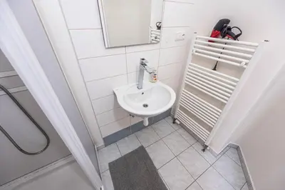a small bathroom with a sink and a mirror at Apartment Velehradska in Prague