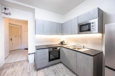 a kitchen with a sink and a refrigerator at Apartment Velehradska in Prague