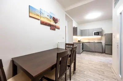 a kitchen and dining room with a wooden table and chairs at Apartment Velehradska in Prague