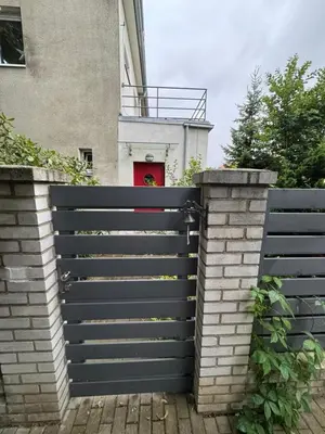 a black fence in front of a house with a red door at Prague Cozy Hideaway in Lysolaje