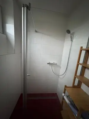 a shower in a white bathroom with a ladder at Prague Cozy Hideaway in Lysolaje
