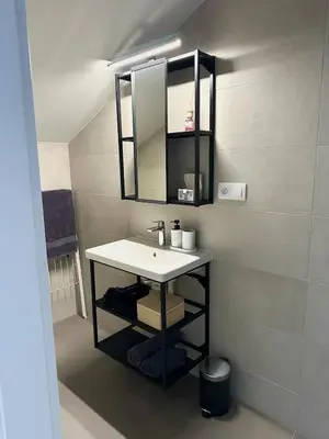 a bathroom with a sink and a mirror at Modern two-storey apartment with terrace in Prague