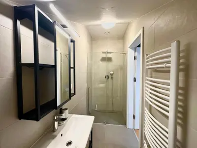 a bathroom with a glass shower and a sink at Modern two-storey apartment with terrace in Prague