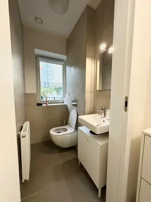 a bathroom with a toilet and a sink at Modern two-storey apartment with terrace in Prague